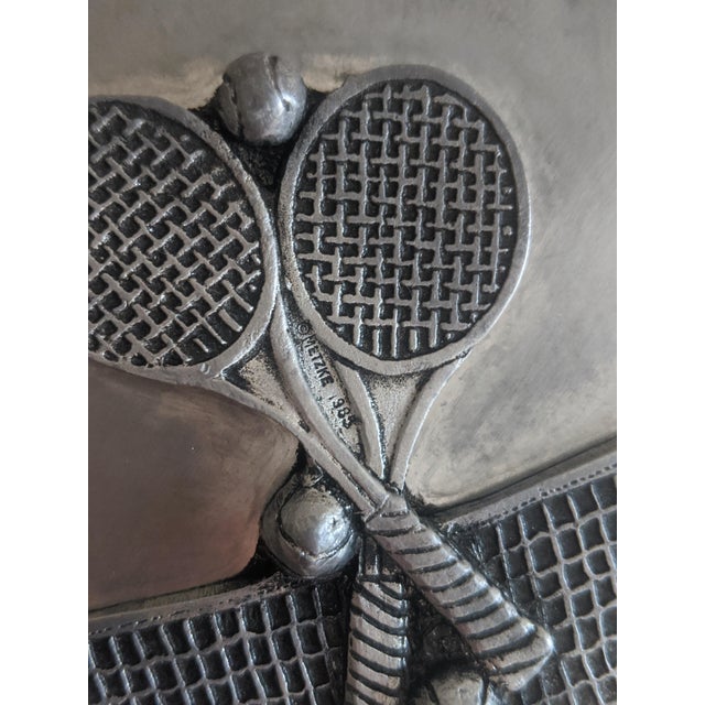 Postmodern Vintage Tennis Racket Pewter Round Catchall Lidded Box For Sale - Image 3 of 11