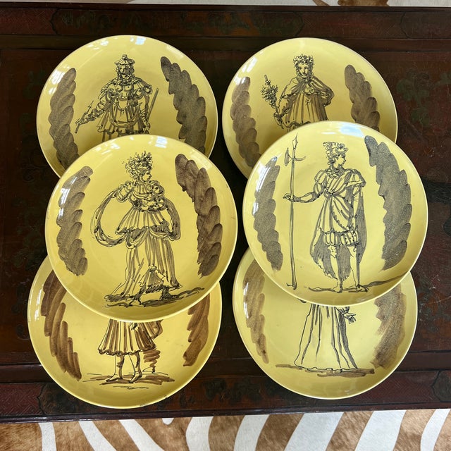 Mid 20th Century Signed Italian Handpainted Neoclassical Style Ochre Ceramic Plates- Set of 6 For Sale In Providence - Image 6 of 10