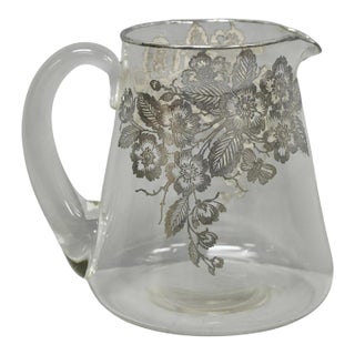 Vintage Art Nouveau Floral Sterling Silver Overlay Crystal Glass Water Pitcher For Sale