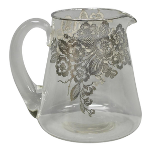 Vintage Art Nouveau Floral Sterling Silver Overlay Crystal Glass Water Pitcher