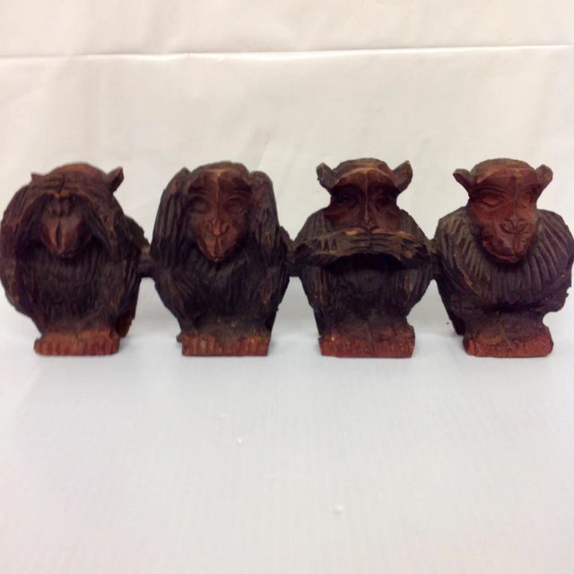 Vintage hand carved wise monkeys sculpture. A rare rendering of the classic 3 wise monkeys, includes the 4th monkey...the...