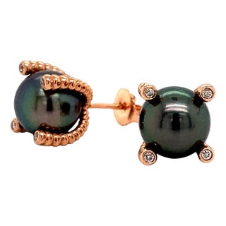 Diamond Large Tahitian Pearl Earrings 14k Rose Gold Certified For Sale