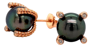 Diamond Large Tahitian Pearl Earrings 14k Rose Gold Certified