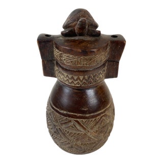 Vintage Carved Wooden Vessel With Turtle Finial – Tribal Style Decorative Object For Sale