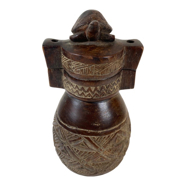 Vintage Carved Wooden Vessel With Turtle Finial – Tribal Style Decorative Object For Sale