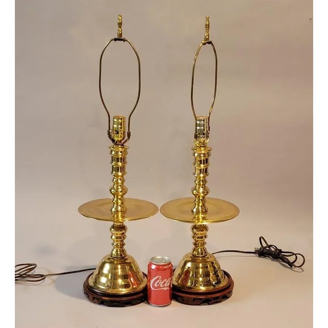 American Vintage Asian Brass Altar Candlestick Table Lamps - a Pair For Sale - Image 3 of 7