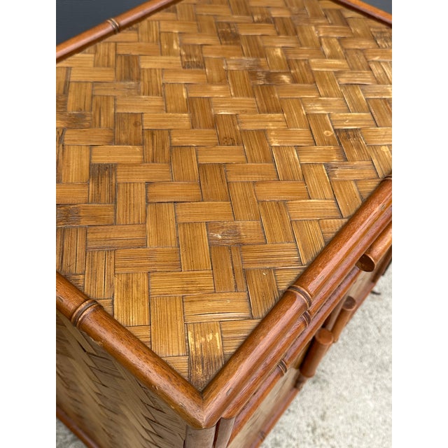 1980s Faux Bamboo and Herringbone Cane Nightstands - A Pair For Sale - Image 10 of 12