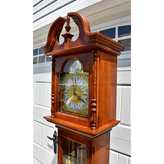 Wood Howard Miller Cherry Grandfather Clock Mechanical Triple Weight Pendulum For Sale - Image 7 of 18