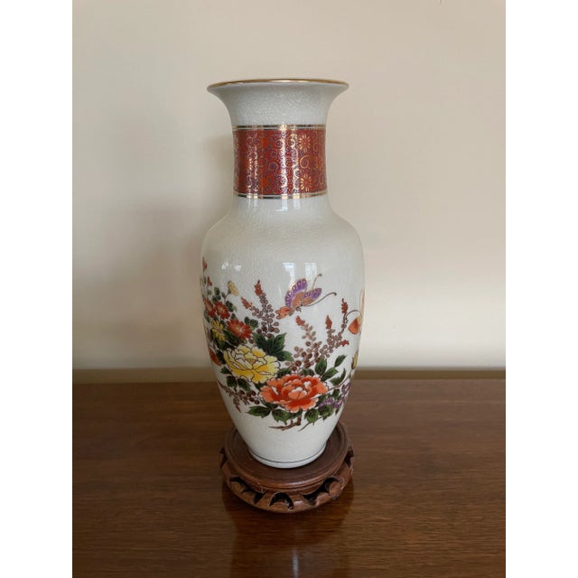 Vintage Late 20th Century Satsuma Vase With Butterflies and Brightly Colored Flowers For Sale - Image 13 of 13