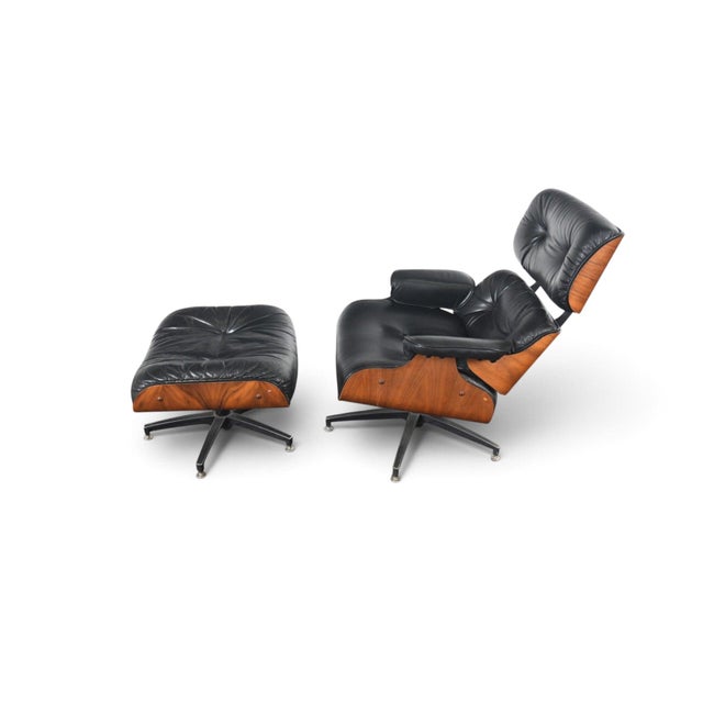 Late 20th Century 1970s Walnut + Leather Lounge Chair and Ottoman For Sale - Image 5 of 11