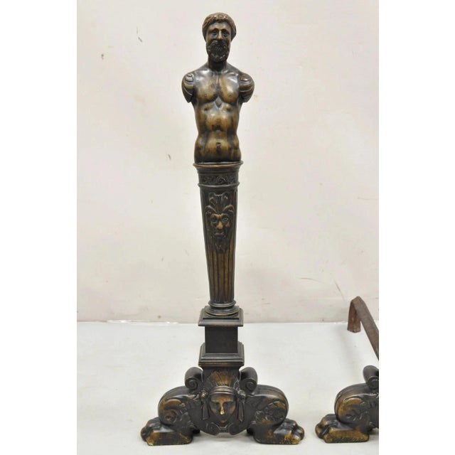 Antique French Renaissance Large Figural Bronze Man & Woman Bust Andirons - Pair For Sale In Philadelphia - Image 6 of 10