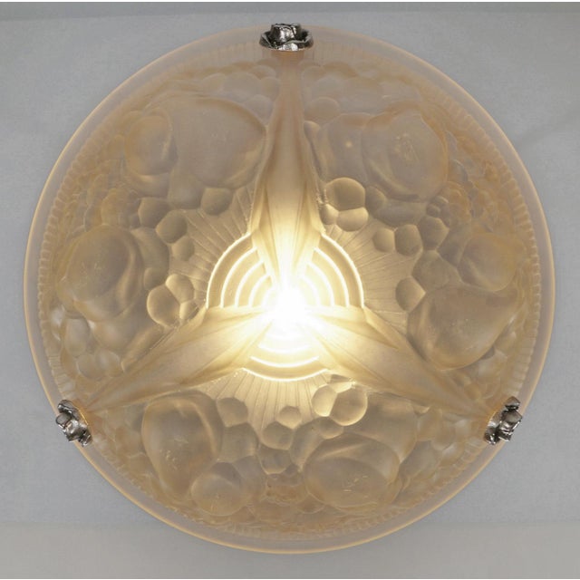 Muller Freres French Art Deco Pendant Chandelier 1920s - Peach Frosted Glass & Nickeled Bronze For Sale - Image 6 of 9