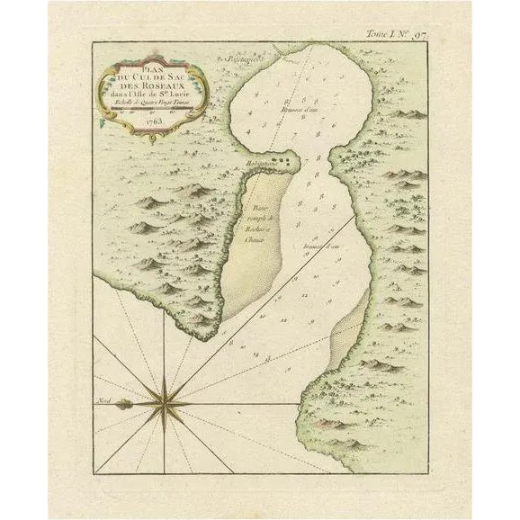 Handcolored Engraved Map of Roseaux, St. Lucia Island by Bellin, 1763 For Sale - Image 6 of 6