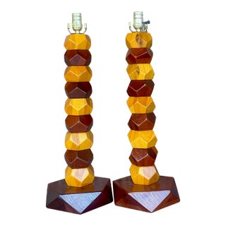 Vintage Boho Stacked Faceted Wood Block Lamps - a Pair For Sale