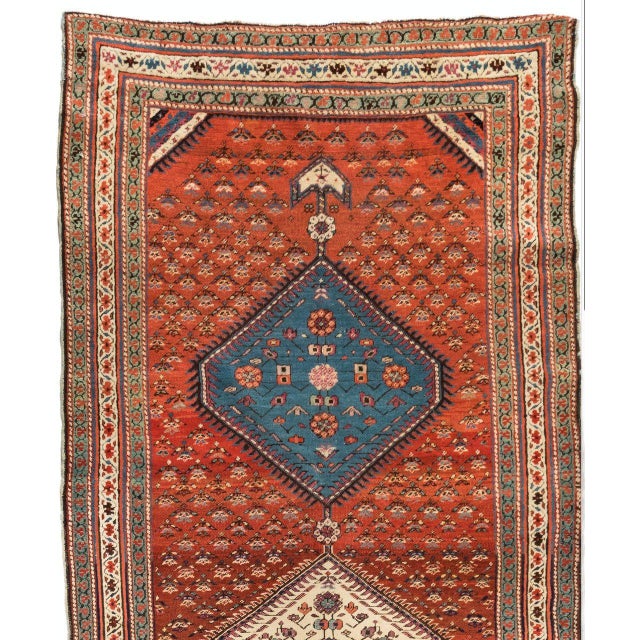 Tribal Antique Caucasian Geometric Rust and Blue Karabagh Runner Rug circa 1900-1910s For Sale - Image 3 of 5