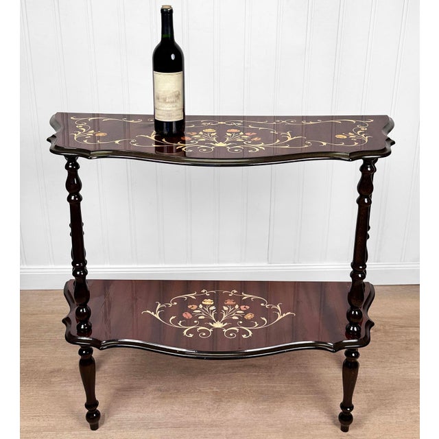 - Original 1970’s Italian Rococo Console Table - Mahogany Veneered Top with Wonderful Fruitwood Inlay - Clear Piano...