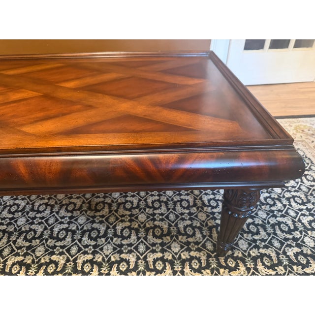 Vintage Regency Style Mahogany Parquetry Coffee Table With Flame Mahogany Apron For Sale - Image 9 of 15