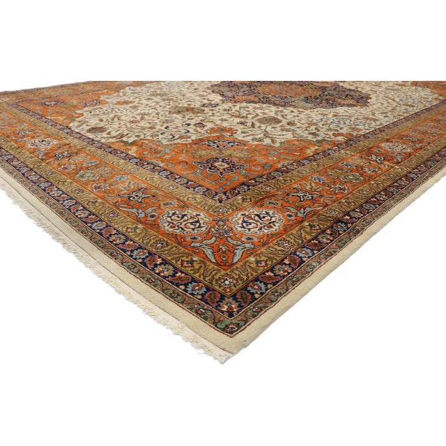 Vintage Romanian Palace Size Rug with Old World Art Nouveau Cottage Style. With architectural elements of curved arabesque...