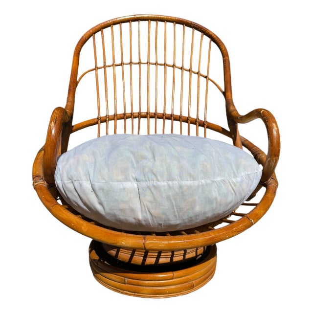 Swivel Rattan and Bamboo Armchair, 1970s For Sale