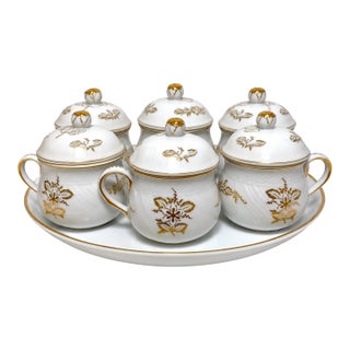 Mid 20th Century Richard Ginori Porcelain Pot De Creme & Tray Set Italian Dessert Cups Gold - Set of 7 For Sale