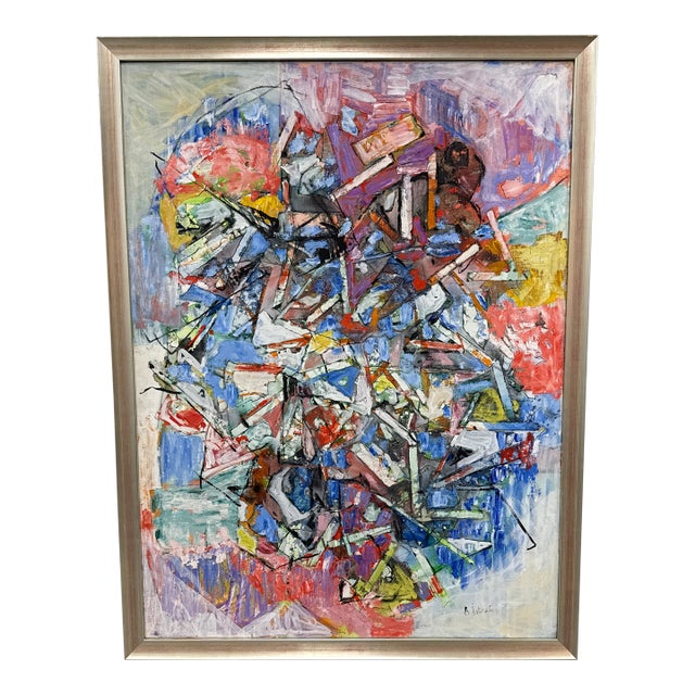 Alexandre Istrati "Composition Bleu Rouge", Original Oil Abstract Painting, 1989 For Sale