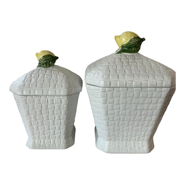 Vintage Ceramic Canister Pair With Lemon Top - Jay Willfred Div of Andrea by Sadek Basketweave/Lemon Ceramic Canister Made in Portugal For Sale
