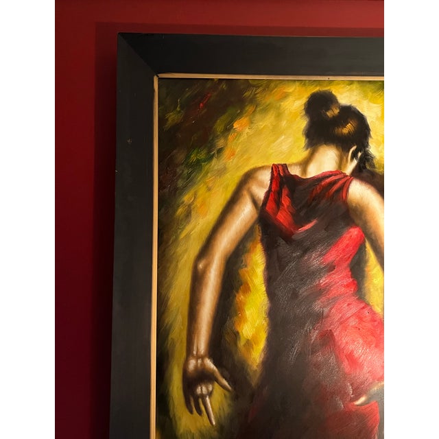 Expressive Spanish Flamenco Dancer Oil Painting in Red and Gold, Early 21st Century For Sale - Image 11 of 12