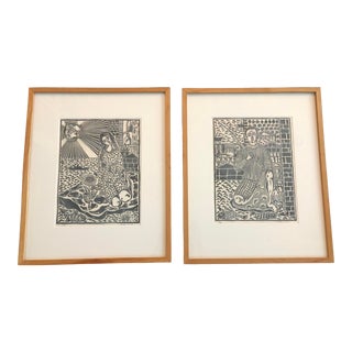 Giorgos Loannou Framed Grecian Linocut Prints - a Pair For Sale