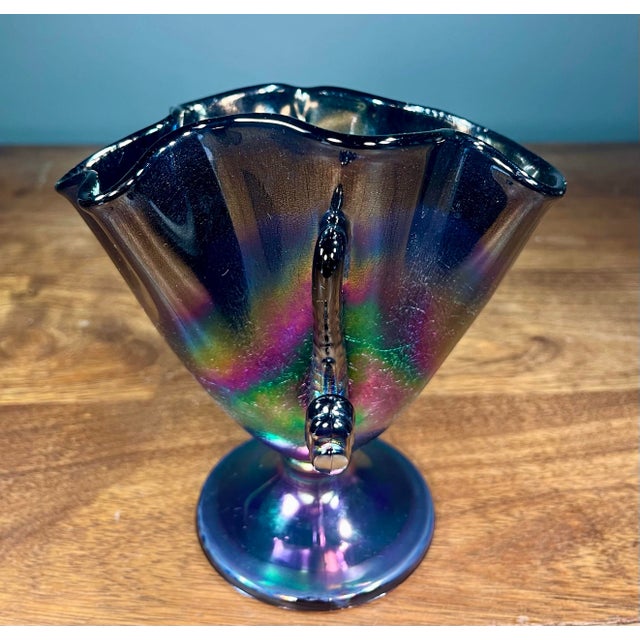 Fenton Art Glass Company Fenton Twin Dolphin Handled Iridescent Art Glass Vase For Sale - Image 4 of 11
