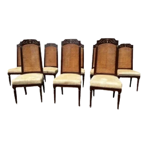 Early 20th Century French Louis XVI Style Mother of Pearl Teak Wood Double Cane Back Dining Chairs- Set of 8