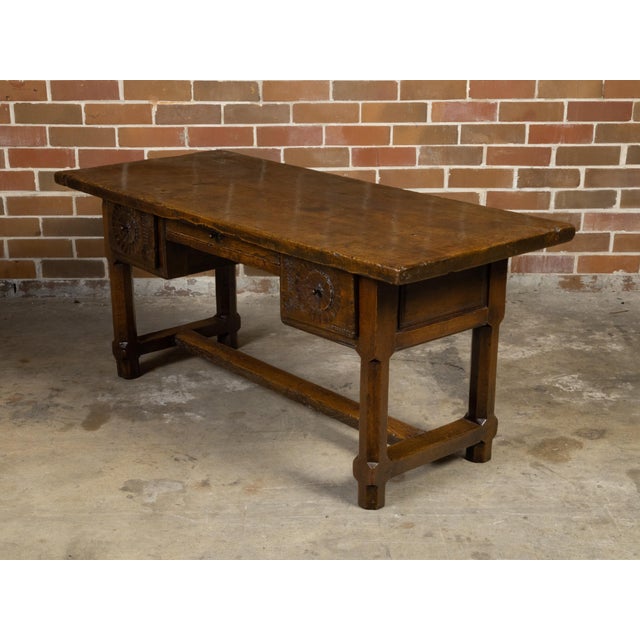 French 1800s Walnut Desk with Three Drawers, Carved Floral Motifs and Patina For Sale - Image 12 of 12
