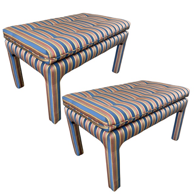 Pair of Parsons style button-tufted benches or large ottomans in a jacquard weave upholstery with blue, red, yellow and...