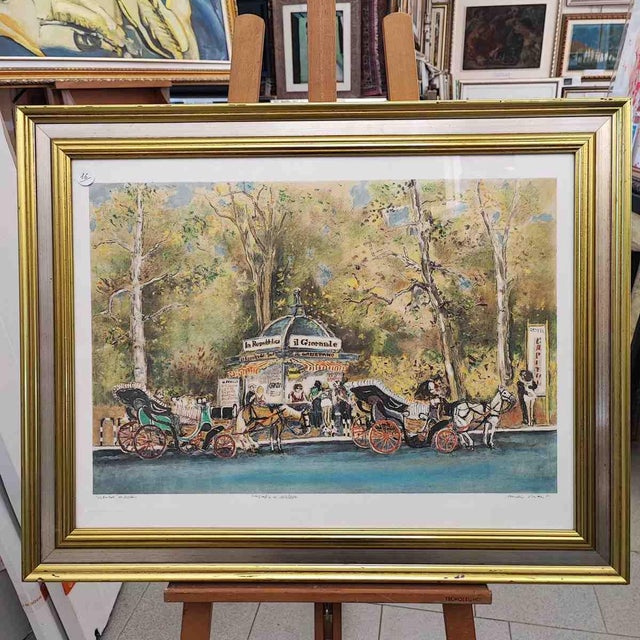 Brown Atos Faccincani, Carriage Newsstand, Paint, Framed For Sale - Image 8 of 8