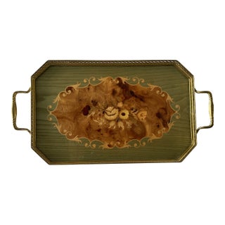 Vintage Mid-Century Italian Marquetry Inlaid Wood Serving Tray Brass Handles For Sale