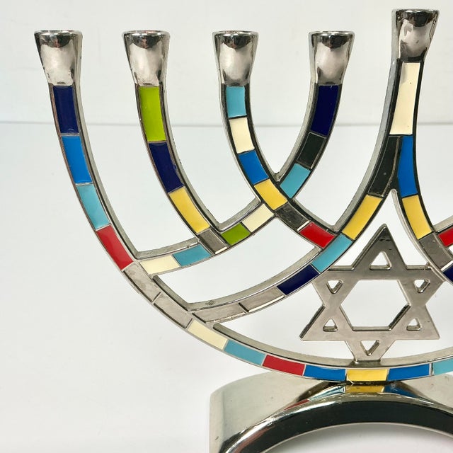 1980s Vintage Contemporary Postmodern Hollywood Regency Enamel and Chrome Menorah For Sale - Image 6 of 13