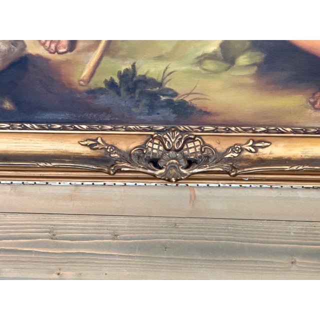 Large Vintage European Religious Oil Painting – Saint John the Baptist, Lamb & Cherubs in Ornate Gilt Frame For Sale - Image 15 of 17