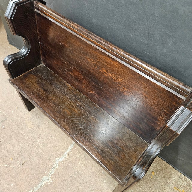 Antique Oak English Church Pew Bench With Low Carved Arms For Sale - Image 12 of 13
