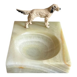 Vintage Cast Iron Setter Dog on Onyx Ashtray For Sale