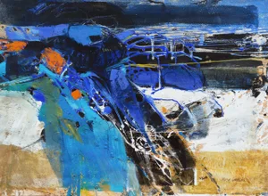 'Abstract in Coral and Indigo' by Russa Graeme, American Action Painting, Circa 1975