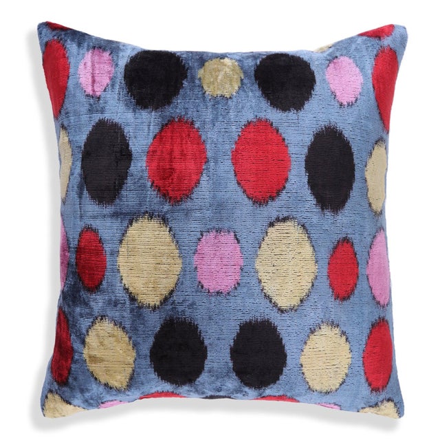 "Hand-sewn in California from Uzbek &amp; Turkish silk velvet Playful multicolor polka dot design on cool blue background...