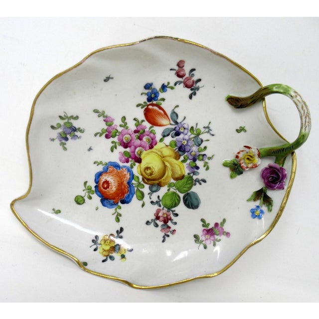 Art Nouveau Antique Pair German Dresden Meissen Still Life Flowers Cabinet Leaf Form Plates For Sale - Image 3 of 9
