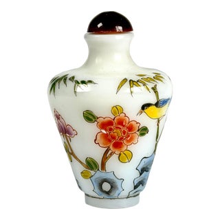 1950s Stunning Painted Enamel Peking Glass Snuff Bottle With Bird and Flowers For Sale