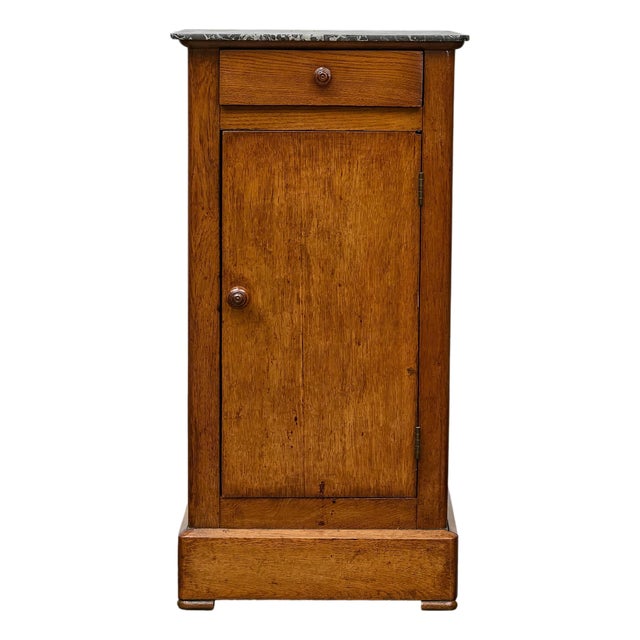 French Circa 1900 Walnut Small Cabinet with Marble Top and Single Door Storage For Sale
