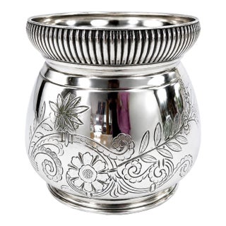 Antique Meriden Britannia Silver Plate Cachepot Engraved Victorian Jardiniere Vase Pattern No. 1952 | Art Nouveau Floral Repoussé | Mirror Finish For Sale