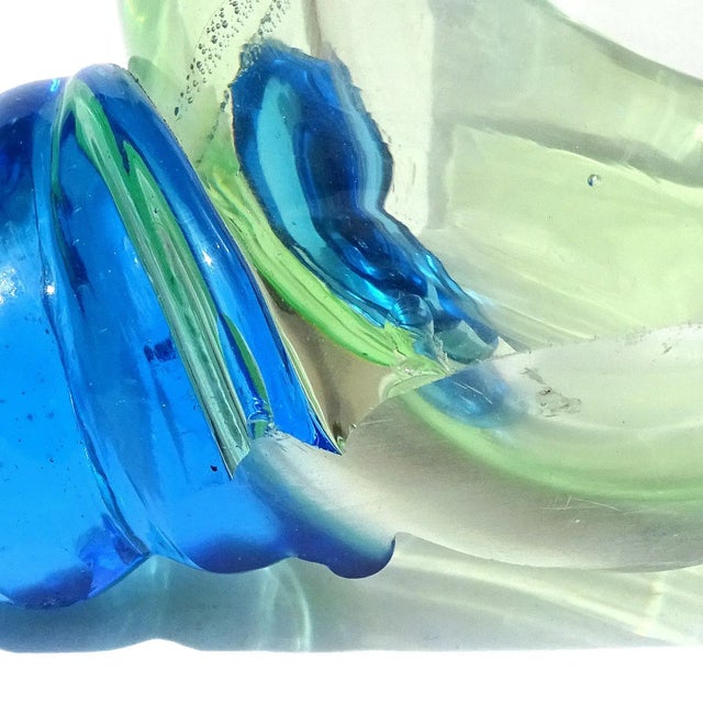 Vintage Murano Bright Green Electric Blue Italian Art Glass Mid Century Sculptural Seashell Ashtray For Sale In Orlando - Image 6 of 6