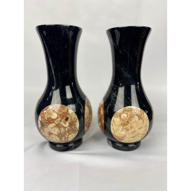 Mid 20th Century Pair, Vintage Black Onyx & Marble Inset Vases For Sale - Image 5 of 6