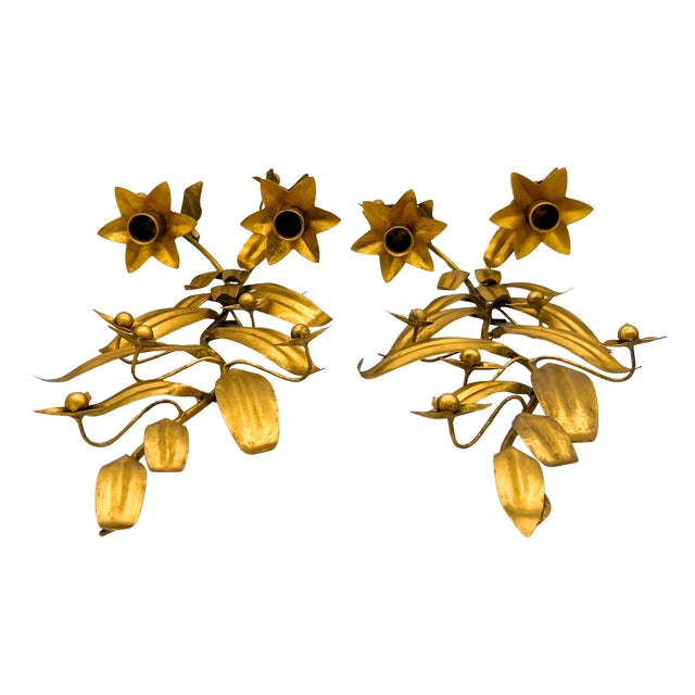 Vintage Italian Gilt Tole Floral Wall Sconces, Pair – Hollywood Regency / Italian Provincial For Sale - Image 9 of 9