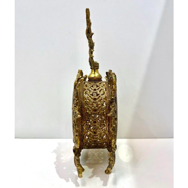 Antique French Pair of Gilt Brass Filigree & Glass Rococo Style Perfume Bottles For Sale - Image 4 of 12