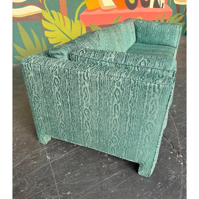 Gorgeous parsons sofa in moire print. Luxe, comfortable, classy and a certain standout. 84” w 36” d 29” h 24” seat d 26.5”...