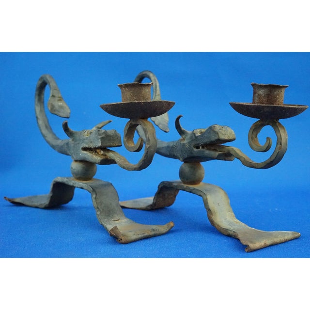 Black Wrought Iron Candelabras with Dragon Heads, Italy, 1920s, Set of 2 For Sale - Image 8 of 18